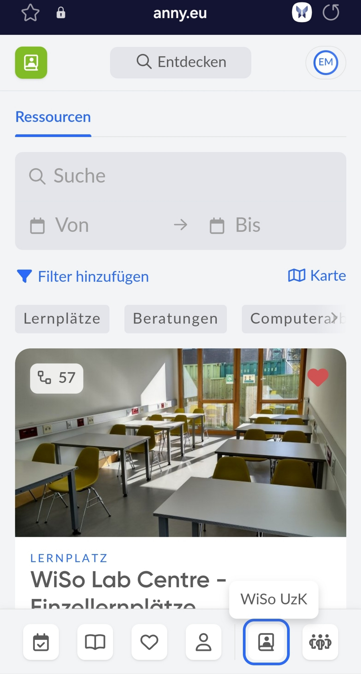 Anny Webansicht Lernressourchen über Button "WiSo UzK"