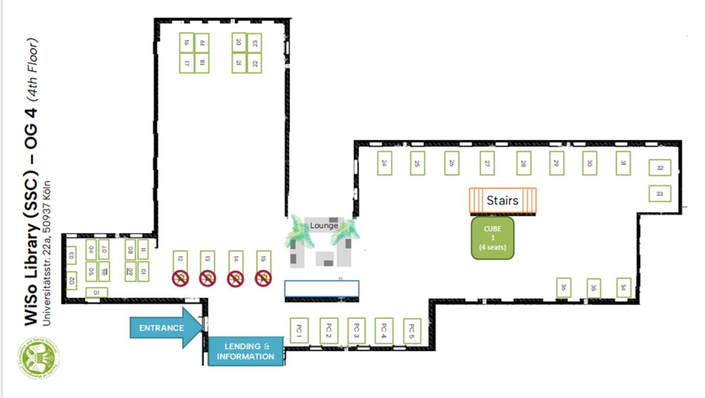 Lageplan der Lernplätze in der WiSo Library im 4. OG