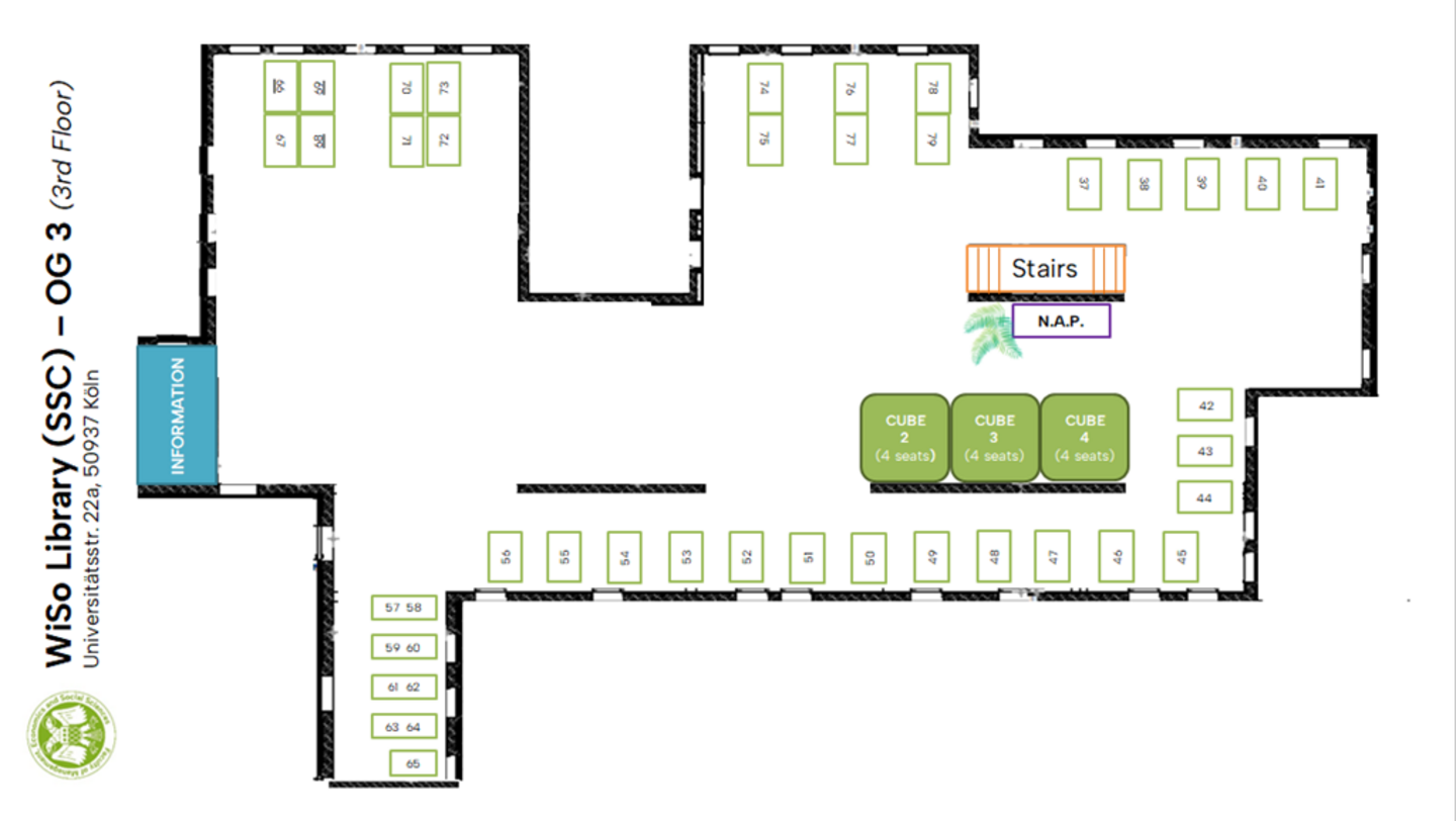 Lageplan der Lernplätze in der WiSo Library im 3. OG